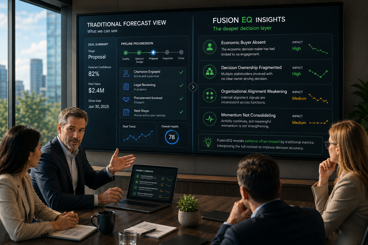 Executive briefing visual comparing a traditional forecast view with FusionEQ insights into economic buyer absence, fragmented decision ownership, weakening alignment, and momentum risk.